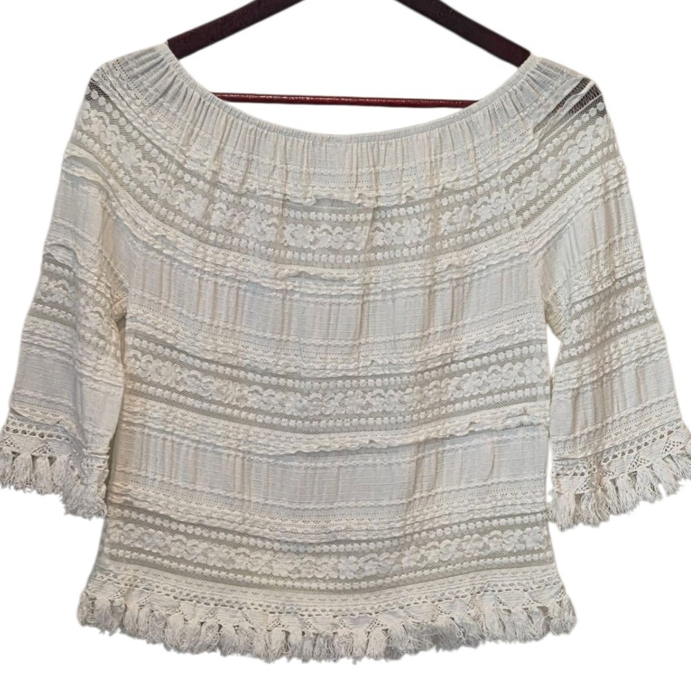 Mur Mur Off The Shoulder Lace Tassel Blouse White Cream Women's Size‎ Medium